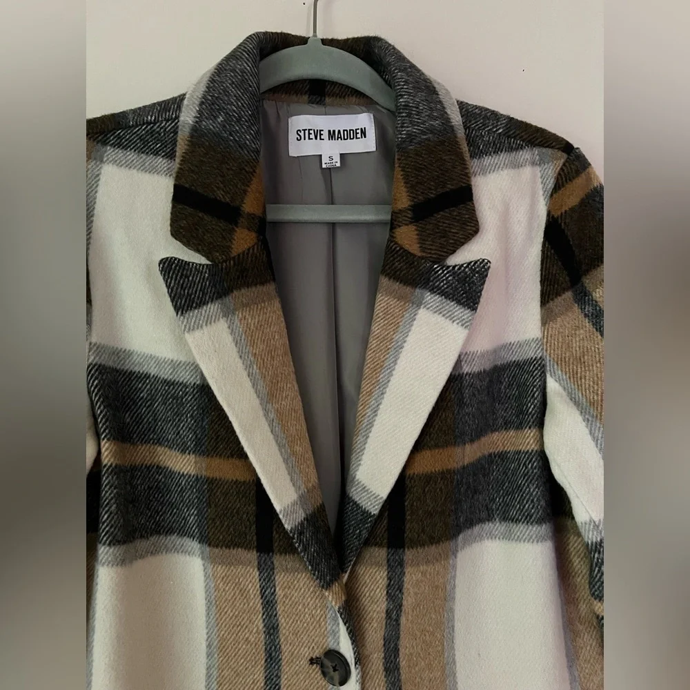 Steve Madden Cher Ivory Plaid Brushed Coat Wool Blend size S NWOT